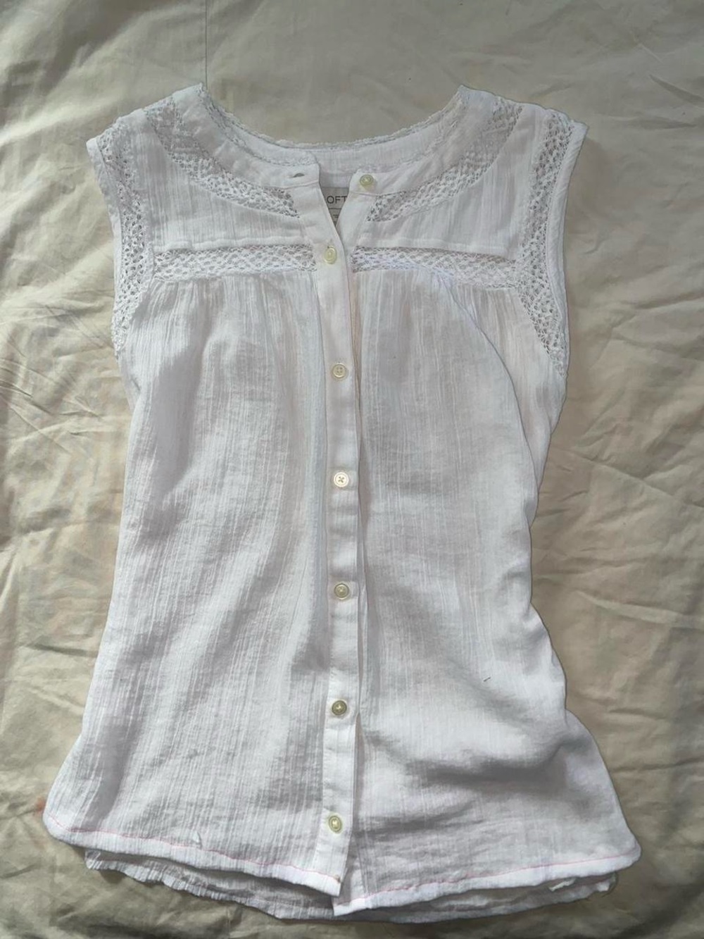 White Sleeveless Button-Front Lace Trim Topl